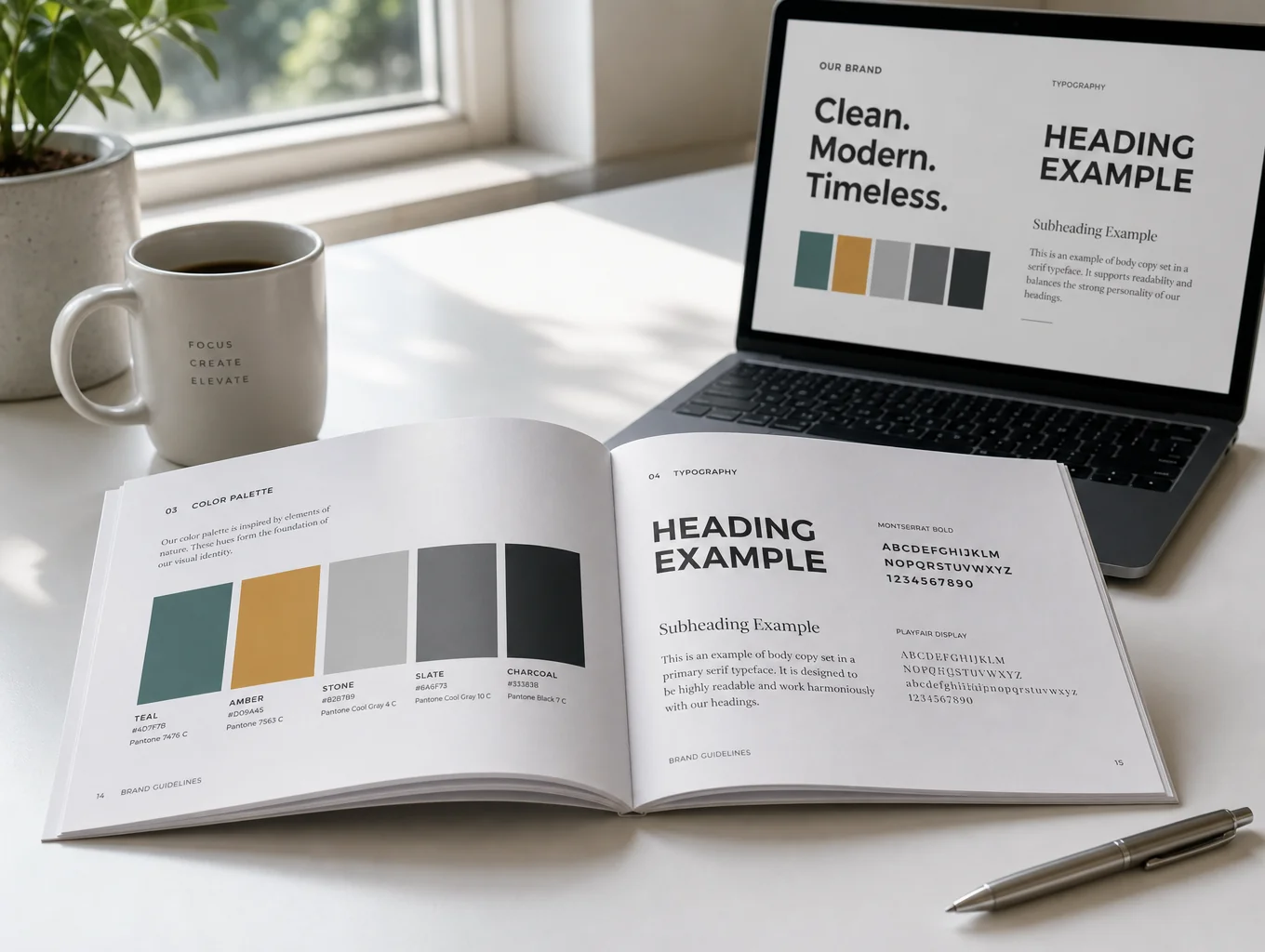 Brand guidelines book open to a page showing logo usage and color palette