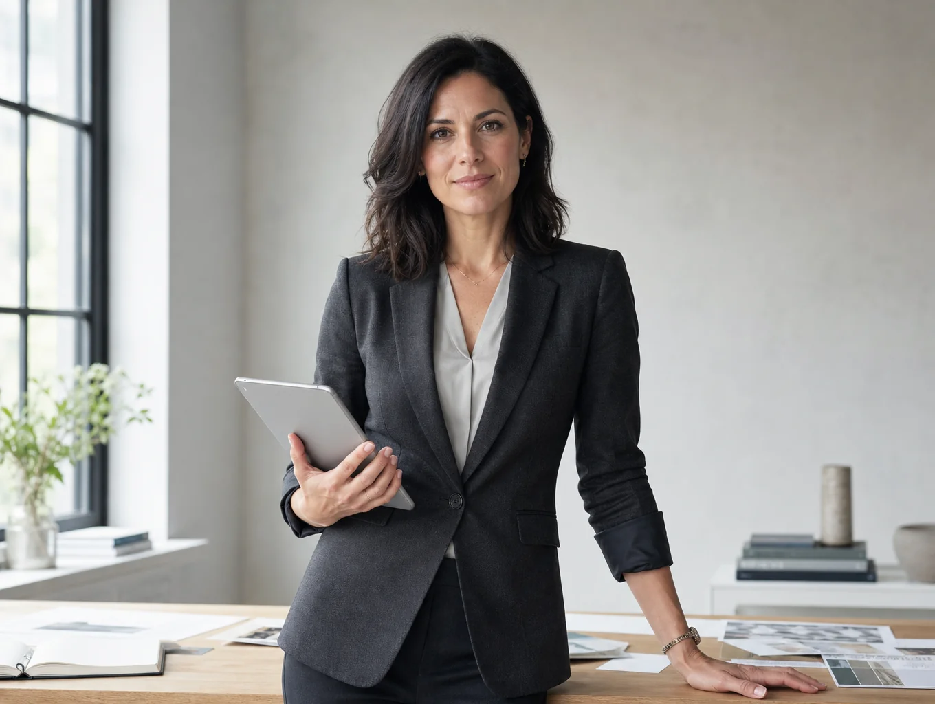 Elara Vance, Creative Director at ZYNTR, reviewing brand assets