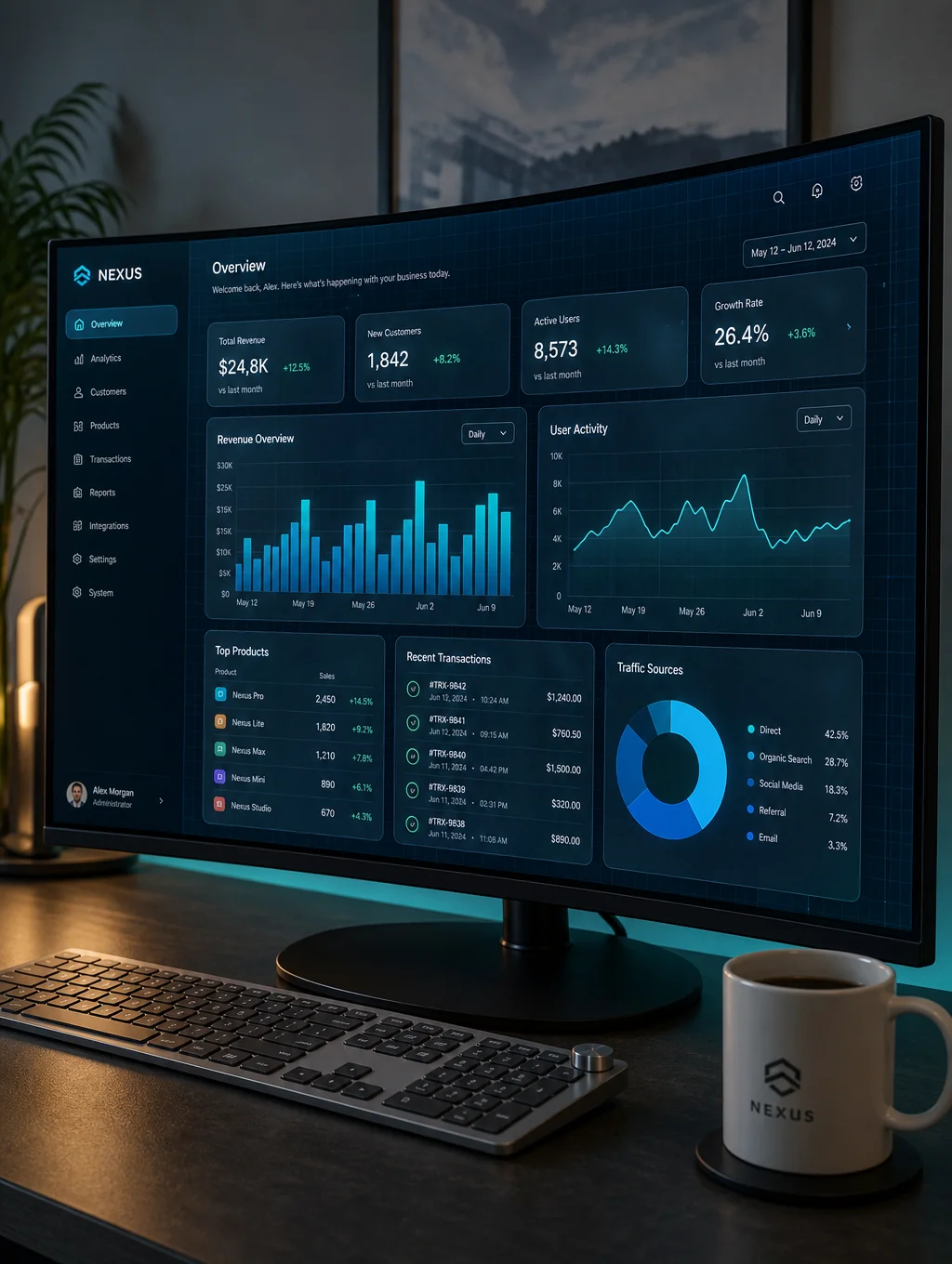 Responsive web dashboard showing dark mode interface and design system tokens